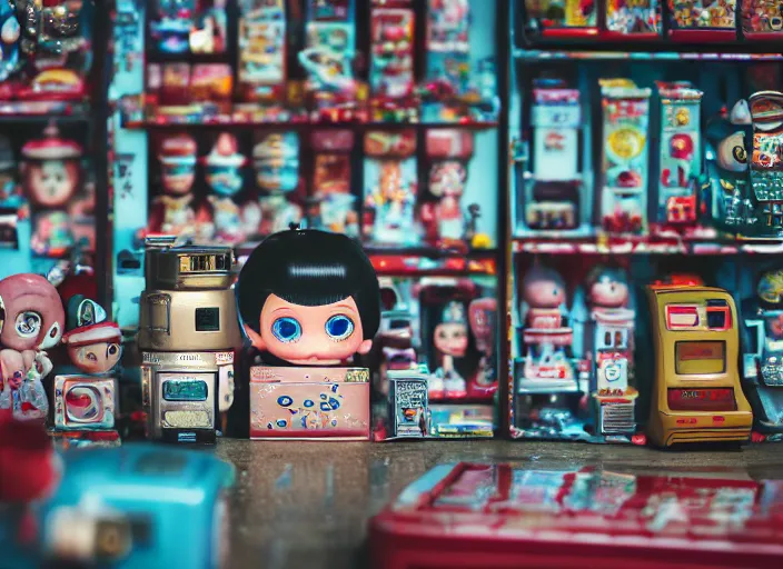 Image similar to closeupof portrait of tin toy tokyo corner store and vending machines, depth of field, zeiss lens, detailed, centered, photoshoot, by nicoletta ceccoli, mark ryden, lostfish, breathtaking, 8 k resolution, extremely detailed, beautiful, establishing shot, artistic, hyperrealistic, octane render, - h 7 0 4