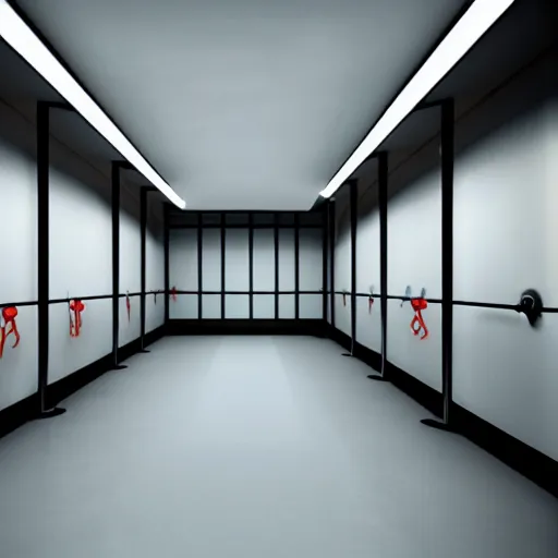 Image similar to a jail cell with restraints on the walls, futuristic, horror, disturbing, creepy