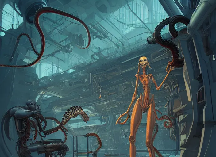 Image similar to science fiction laboratory with a beautiful muscular demon woman with long boney limbs terrorizing the lab in the style of ralph mcquarrie, jakub rebelka and glenn fabry, futuristic, tentacles and bones, transparent carapace, god rays, flooded station, artstation, cinematic lighting, foggy