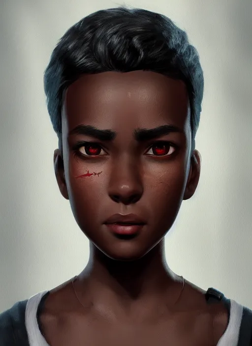 Image similar to An epic fantasy comic book style portrait painting of a young dark skinned girl with short hair dressed as a boy, unreal 5, DAZ, hyperrealistic, octane render, cosplay, RPG portrait, dynamic lighting