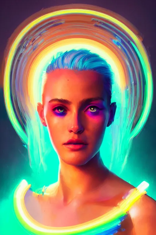 Prompt: a award winning portrait of a beautiful woman with stunning eyes in a one off shoulder crop top and cargo pants with rainbow colored hair, outlined by whirling illuminated neon lines and fine lines swirling in circles by greg rutkowski, digital art, trending on artstation