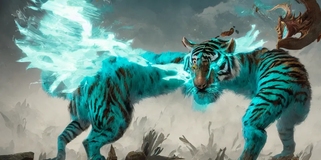 Image similar to Ghostly tiger creature made out of turquoise energy character design sheet, Monster Hunter Illustrations art book, Bright sparks, claws, huge sabertooth fangs, Moebius, Greg Rutkowski, Zabrocki, Karlkka, Jayison Devadas, Phuoc Quan, trending on Artstation, 8K, ultra wide angle, zenith view, pincushion lens effect.