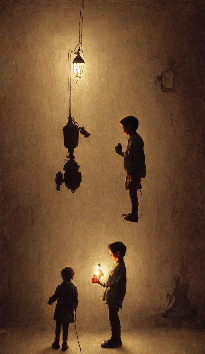 Image similar to a kid in a room full of infinite paintings using his lantern to iluminate the walls, part by Norman Rockwell, part by Greg Rutkowski , part by Mattias Adolfsson, high angle, intricate, detailed, (((volumetric lighting))), oil on canvas