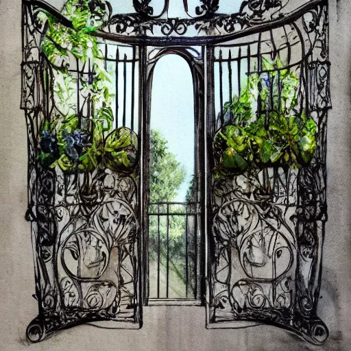 Image similar to delicate, chairs, globes, garden, paved, botanic watercolors, iridescent, 8 k, realistic shaded, fine details, artstation, italian, iron gate, tree, mediterranean