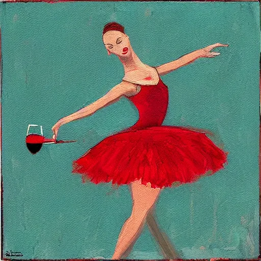 Image similar to square painting of a ballerina drinking wine in a teal room all on a red background