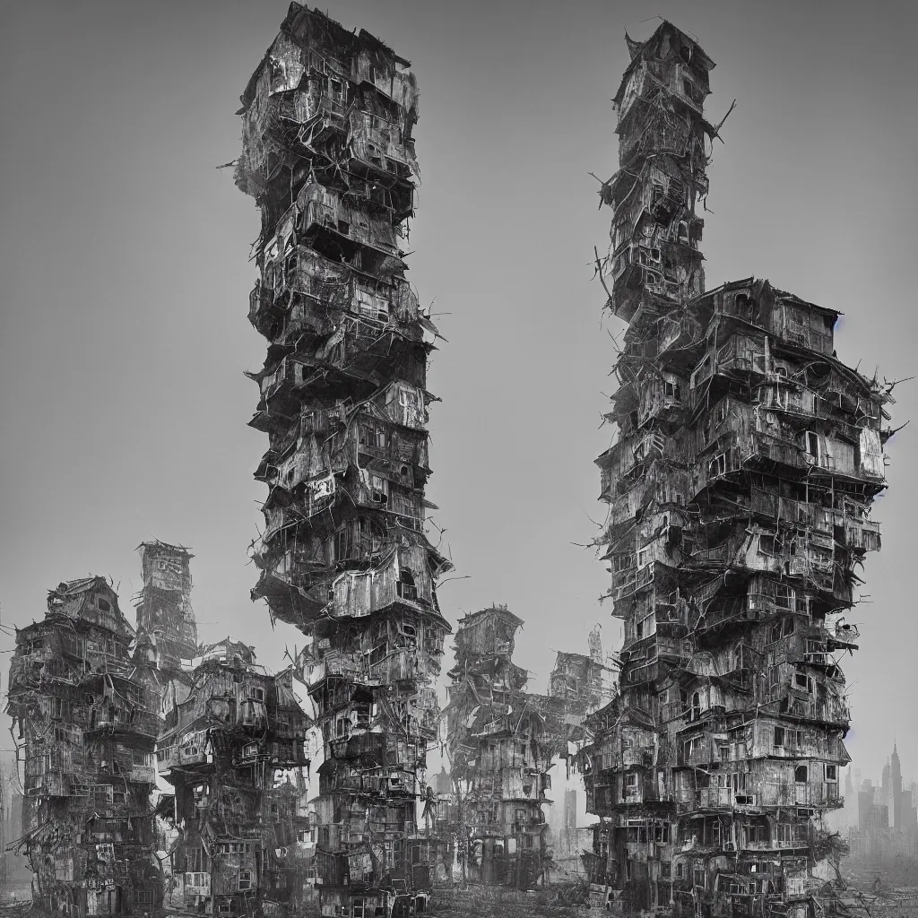 Image similar to two giant towers, made up of makeshift squatter shacks, misty, dystopia, mamiya rb 6 7, fully frontal view, very detailed, digital glitches, photographed by ansel adams