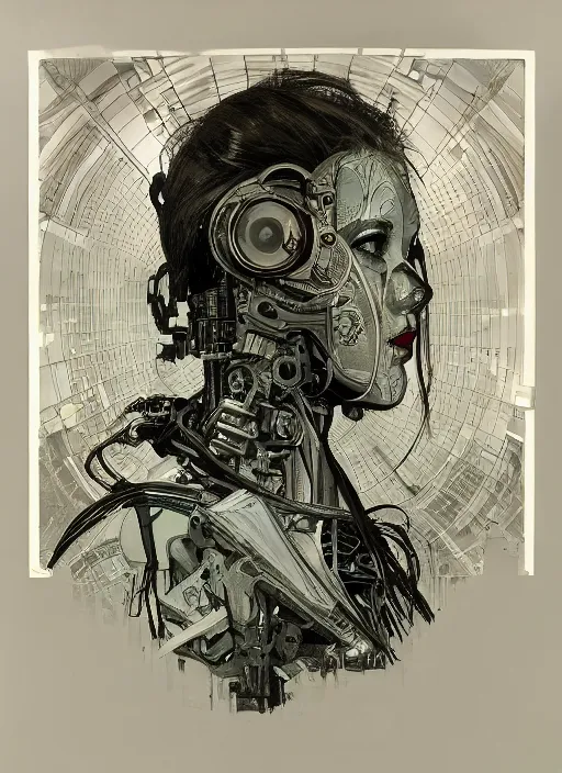 Image similar to 6 5 mm film still masterpiece portrait photo of a woman, sci - fi, techwear, biotech, cyberpunk, blade runner, cyborg, grainy, withered, worn, glowing lights, 4 k, sharp focus, intricate art by artgerm and greg rutowski and alphonse mucha