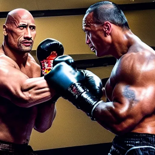 Image similar to Dwayne Johnson punching with a robotic arm