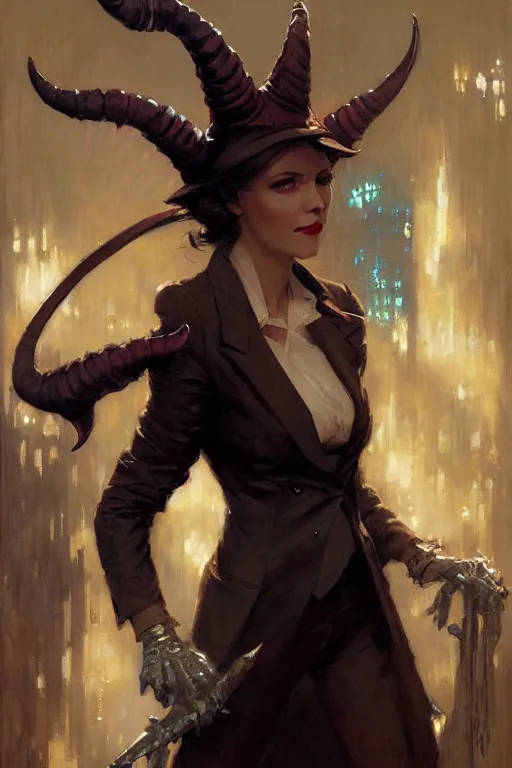 Image similar to well dressed woman in a suit with a sly smile and demon horns portrait dnd, painting by gaston bussiere, craig mullins, greg rutkowski, yoji shinkawa