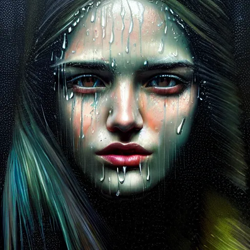 Prompt: bright asthetic portrait of LSD in rain with wet hair and face, liquid, fantasy, intricate, elegant, dramatic lighting, highly detailed, lifelike, photorealistic, digital painting, artstation, illustration, concept art, smooth, sharp focus, art by John Collier and Albert Aublet and Krenz Cushart and Artem Demura and Alphonse Mucha