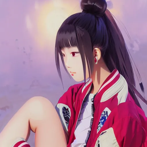 Image similar to a beautiful japanese lalisa alluring gravure model, wearing oversized designer bomber jacket and leotard, bulky poofy bomber jacket with mesoamerican patterns, mesoamerican native street fashion, gapmoe yandere grimdark, trending on pixiv fanbox, painted by greg rutkowski makoto shinkai takashi takeuchi studio ghibli, akihiko yoshida