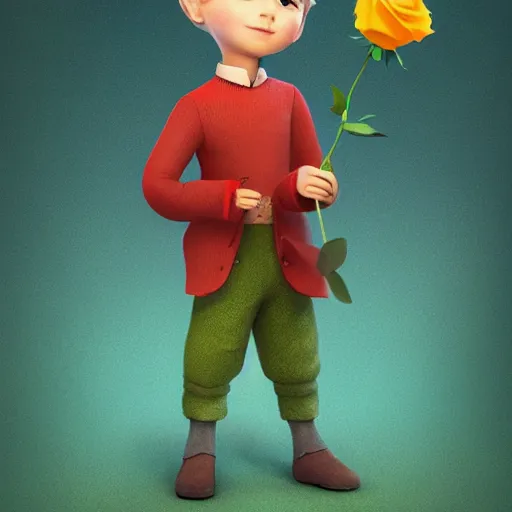 Image similar to the little prince holding a rose illustration, bokeh, octane render, award winning, trending on art station