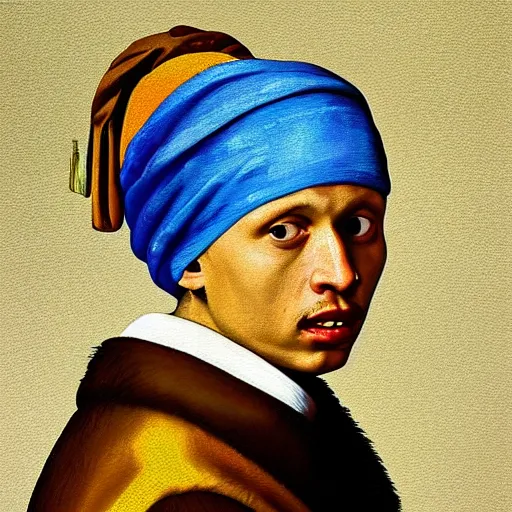 Image similar to Eric Andre painted as the Girl with a Pearl Earring by Johannes Vermeer