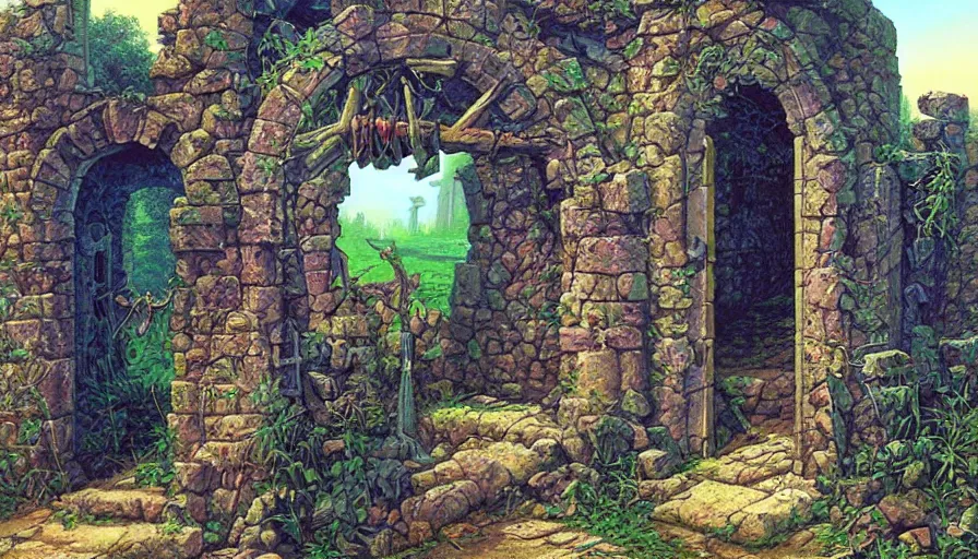 Prompt: a crypt entrance within a ruined castle graveyard, artwork by greg hildebrandt, vibrant colors, 8 0 s dnd