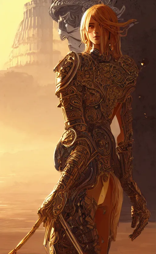 Image similar to portrait knights of zodiac girl, golden and copper shining armor, in ruined agora of athens sunrise, ssci - fi and fantasy, intricate and very very beautiful and elegant, highly detailed, digital painting, artstation, concept art, smooth and sharp focus, illustration, art by ilya kuvshinov and tian zi and wlop and z - - ed