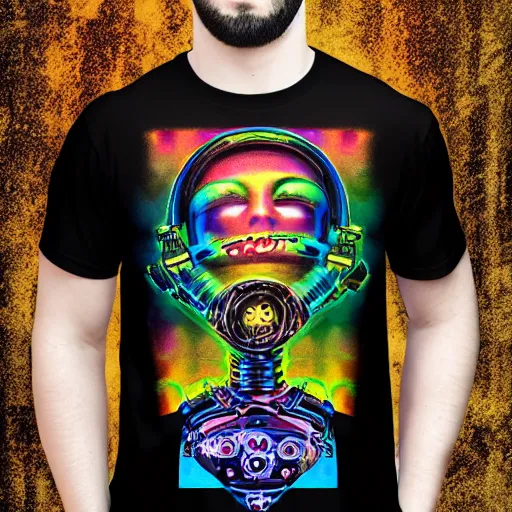 Image similar to mockup of a black tshirt with a hyperdetailed portrait of a steampunk robot on lsd, 8 k, symetrical, flourescent colors, happy trippy mood, multicolored,