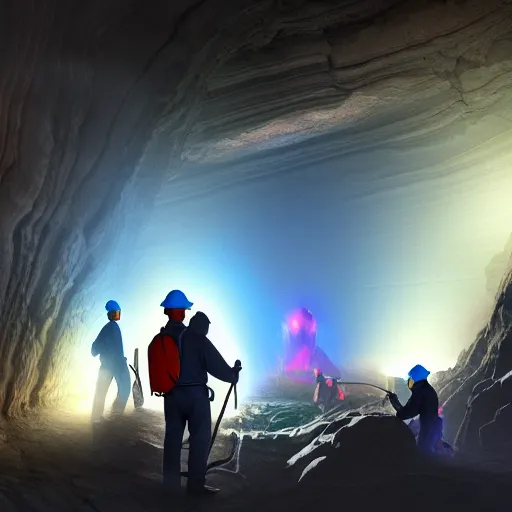 Image similar to digital painting of workers mining, for black opal in a large cavern, ethereal, shining rocks, trending on artstation, 4k, hd