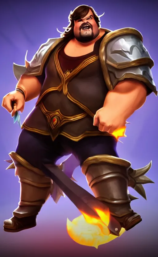 Image similar to Jack Black as a character in the game League of Legends, with a background based on the game League of Legends, detailed face, old 3d graphics