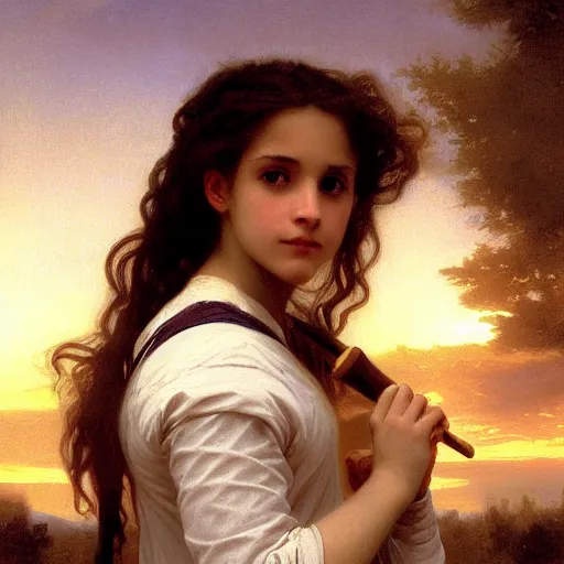 Image similar to Painting of Hermione Granger by William Adolphe Bouguereau. Sunset. Extremely detailed. 4K. Award winning.