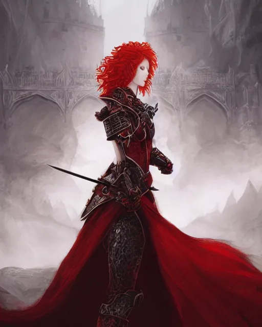 Image similar to redhead queen knight in red armor, wielding giant sword, inside an epic gothic castle, rococo, large crown, face with scars, intimidating, ominous, high fantasy, intricate detail, digital painting, artstation, concept art, smooth, sharp focus, illustration, art by yoshitaka amano and monia merlo and wlop