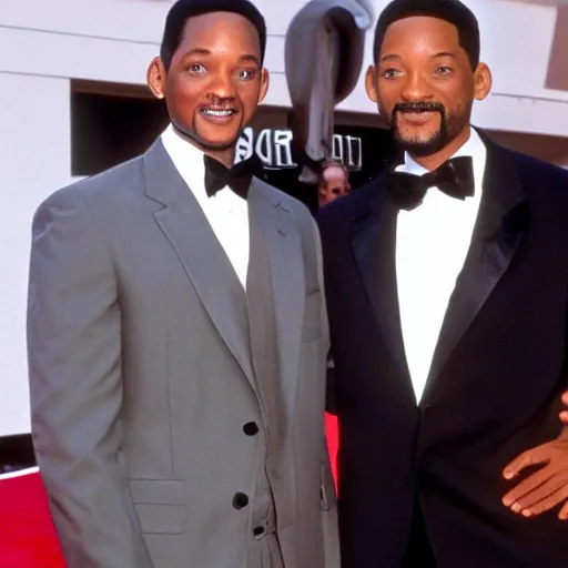 Prompt: fox mulder posing with will smith at an awards show red carpet