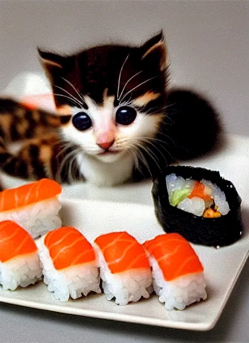 Image similar to clear photorealistic picture of adorable kittens made out of sushi