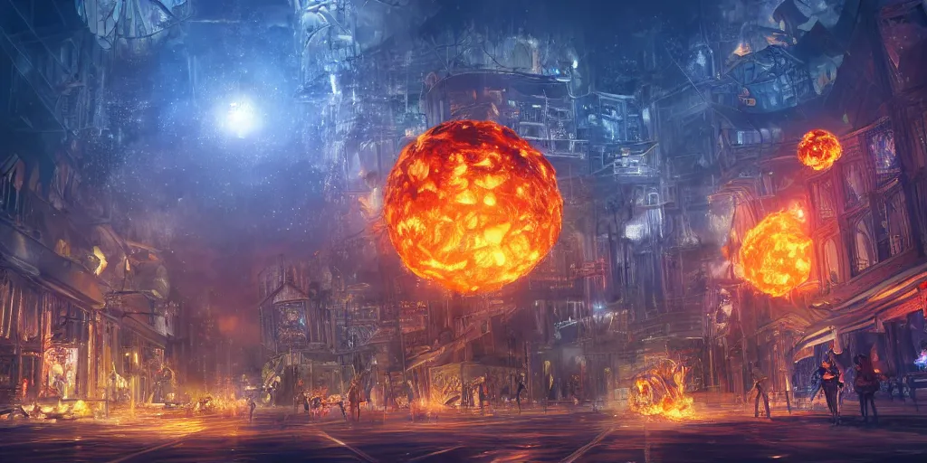 Image similar to fantasy city at night while giant ball of fire crashes to the ground, surreal, digital art, concept art, highly detailed, trending on artstation