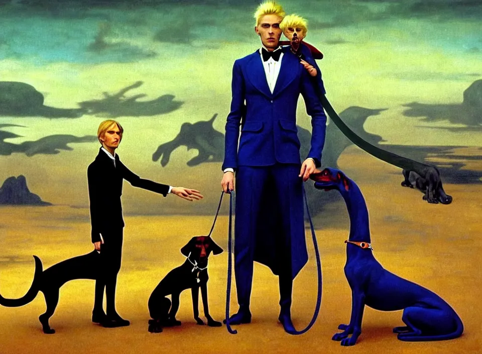 Image similar to realistic detailed portrait movie shot of an elegant blond male vampire with a doberman on a leash, sci fi landscape background by denis villeneuve, amano, yves tanguy, alphonse mucha, max ernst, caravaggio, roger dean, masterpiece, rich moody colours, dog teeth, blue eyes