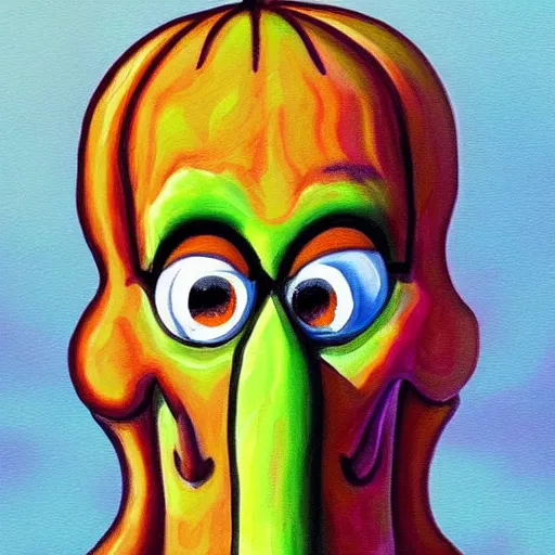 Prompt: handsome squidward portrait, painting, colorful