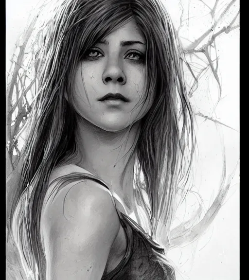 Image similar to aniston, beautiful piercing eyes, realistic face, black and white drawing, in the style of greg rutkowski, fantasy, amazing detail, epic, intricate, elegant, smooth, sharp focus