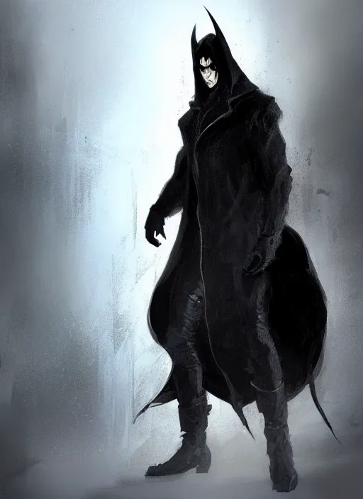 Prompt: A concept art of a human in a long black coat, black smoke aura, half-beast, half-man, evil look, demon hunter hat. In style of Hyung-tae Kim, Greg Rutkowski and Larry Elmore, concept art, trending on ArtStation, Korean MMORPG, over-detailed art, 8K, epic, dynamic lightning, dynamic pose, half body portrait.