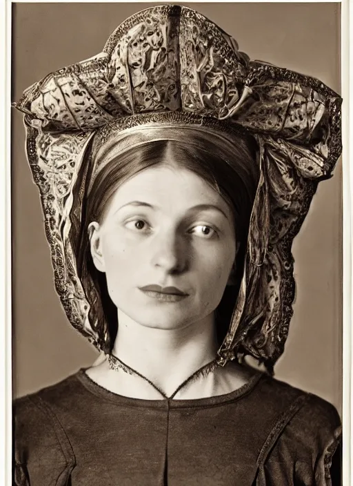 Image similar to portrait of young woman in renaissance dress and renaissance headdress, art by imogen cunningham