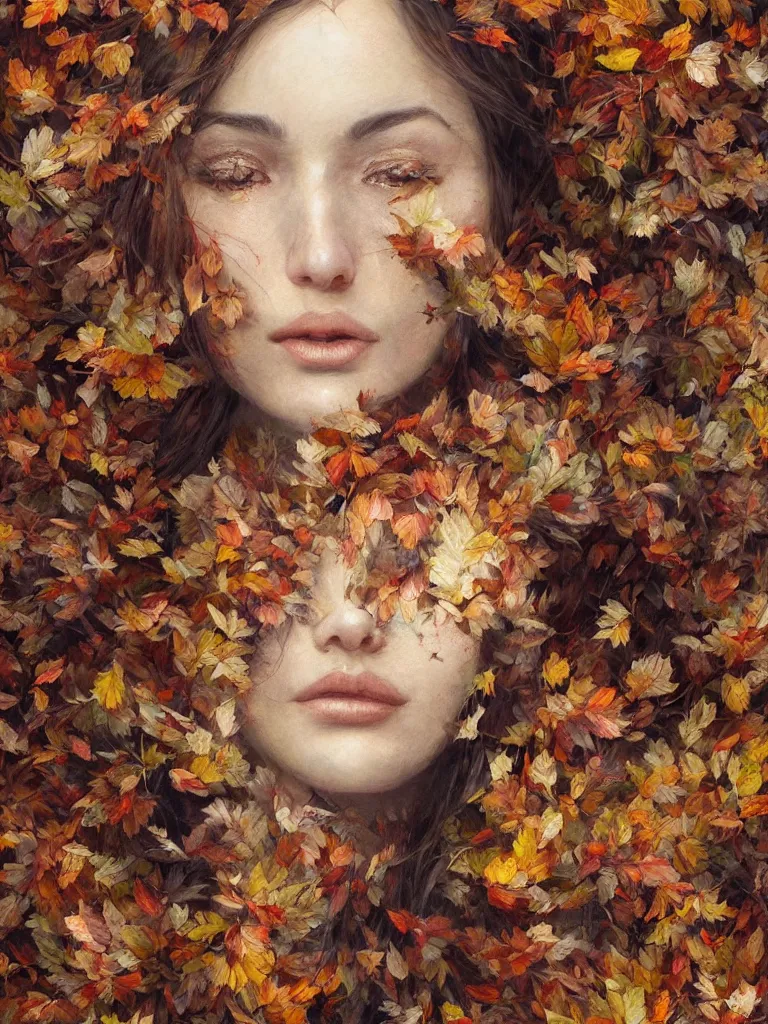 Prompt: a portrait of a woman with serene emotion surrounded by a chaotic tornado of autumn leaves, intricate details, aesthetically pleasing and harmonious natural colors, art by marco mazzoni, impressionism, detailed, dark