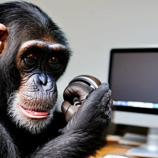 Image similar to a chimpanzee with headphones on his head sits on a chair and looks at the computer holding the mouse, fujifilm