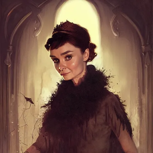 Prompt: audrey hepburn in a horror novel, inside haunted mansion, various scenarios, highly detailed, digital painting, artstation, art by gaston bussiere, greg rutkowski, j. c. leyendecker