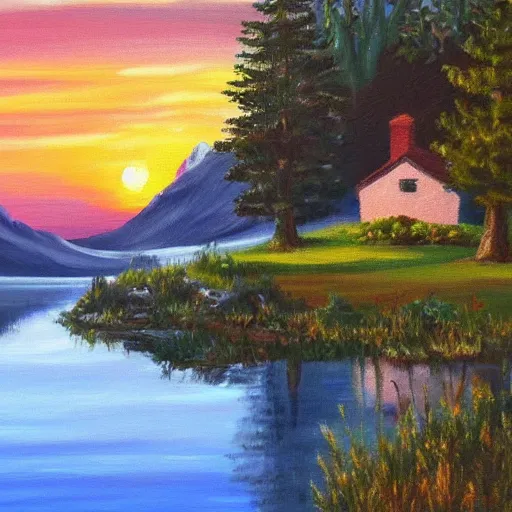 Image similar to a landscape with a lake in the mountain. sunset. cottage. acrylic painting. 4 k. very detailed. trandint on artstation. masterpiece. shadows.