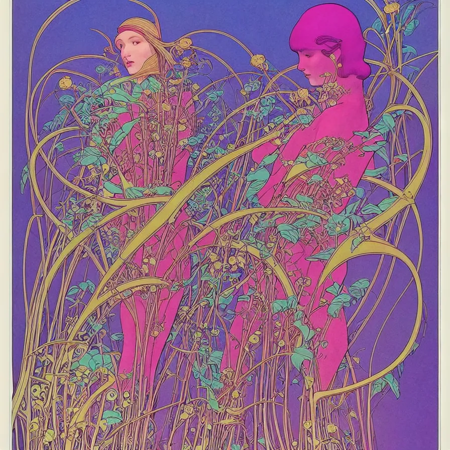 Image similar to ( ( ( ( beautiful strange forest and flowers surrounded by an art nouveau style decorative frame ) ) ) ) by mœbius!!!!!!!!!!!!!!!!!!!!!!!!!!!, overdetailed art, colorful, record jacket