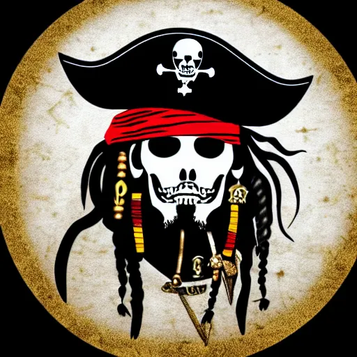 Image similar to a potrait of pirates, king of pirates, gold teeth, crazy hair, wearing armor, flag on his back, 1 6 0 0 century, jack sparrow, black beard, one piece, photo realistic, in a circle, nft style, dust, grain, scretch on picture, noise, deep focus, high detail