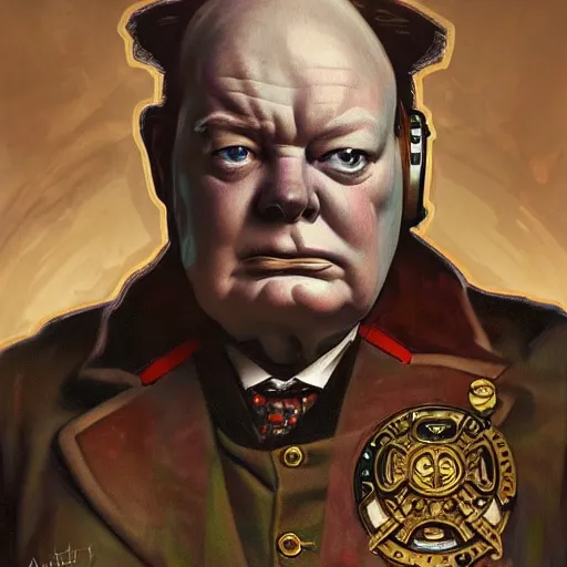 Image similar to full portrait of warhammer 4 0 k winston churchill, fantasy, d & d, intricate, detailed, by by alphonse mucha, adolfo hohenstein, alice russell glenny, stanley artgerm lau, greg rutkowski, detailed, trending on artstation, trending on artstation, smooth