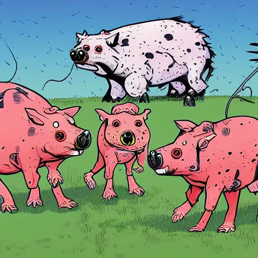 Image similar to digital cartoon illustration of a group of feral hogs by alex pardee, cartoon art, creative design