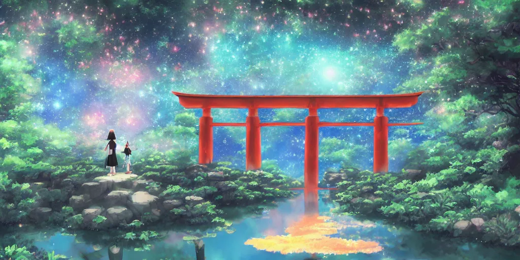 Prompt: touhou walking in a cloud pond forest, giant torii gate, dreamscape, cinematic, shooting stars, mirror reflection, midnight, moon, vibrant colors, anime illustration, award winning, 2 0 1 9 by makoto shinkai, pixiv fanbox