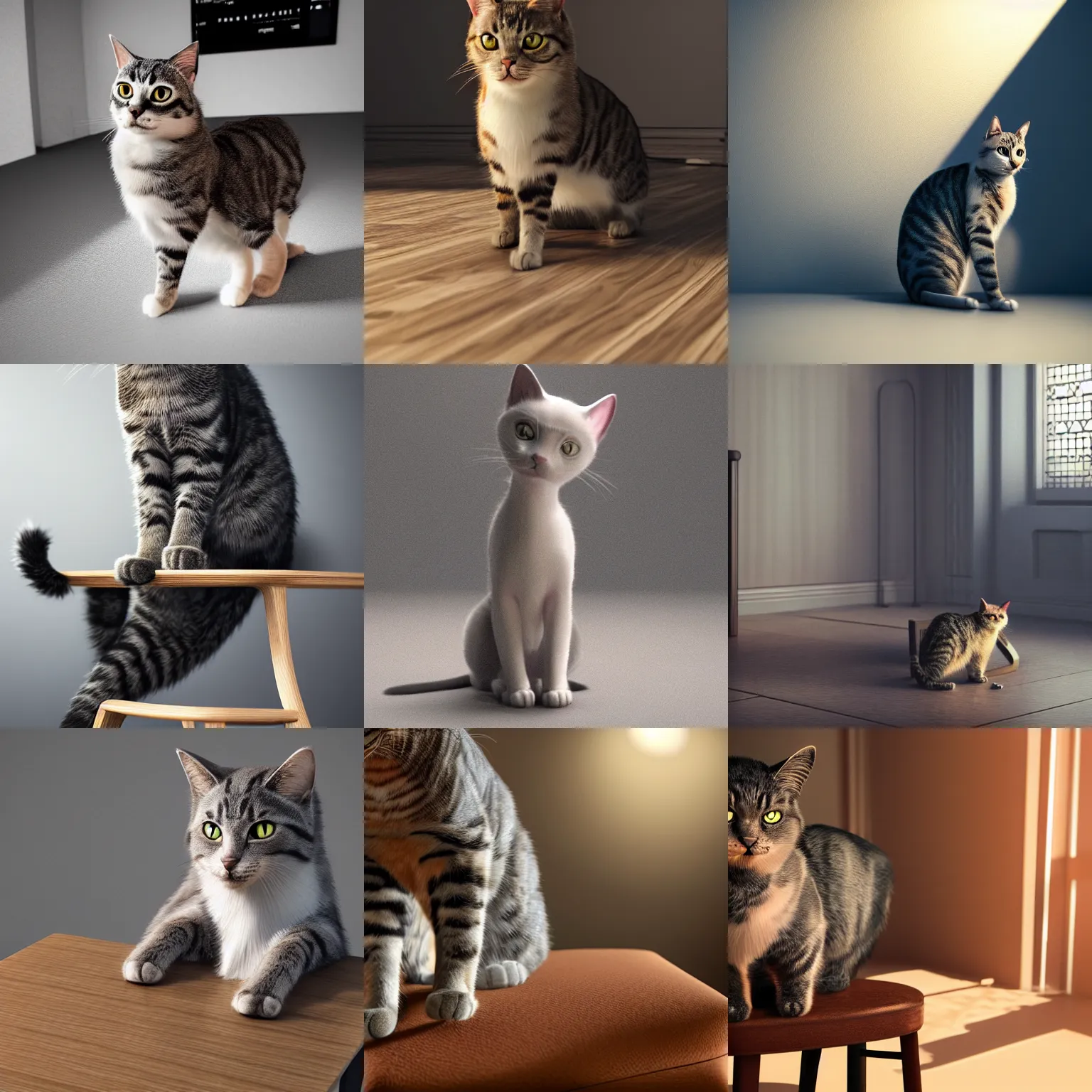 Prompt: a highly detailed photographic render of a cat stood next to a chair, beautifully lit, ray traced, octane 3D render, octane render, unreal engine