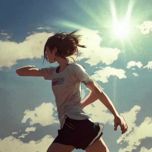 Prompt: a girl is running, sport clothing, fitness watch, anime style, brown short hair, hair down, symmetrical facial features, from arknights, hyper realistic, rule of thirds, extreme detail, 4 k drawing, trending pixiv, realistic lighting, by alphonse mucha, greg rutkowski, sharp focus, backlit