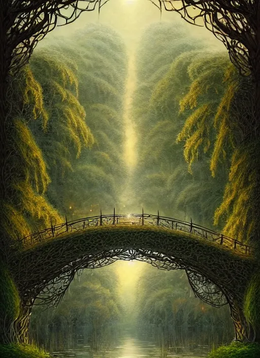 Prompt: book cover!!!!!!!!!!!!, old bridge, ivy vector elements at each border, fantasy forest landscape, fantasy magic, light night, intricate, elegant, sharp focus, illustration, highly detailed, digital painting, concept art, matte, art by wlop and artgerm and ivan shishkin and andrey shishkin, masterpiece