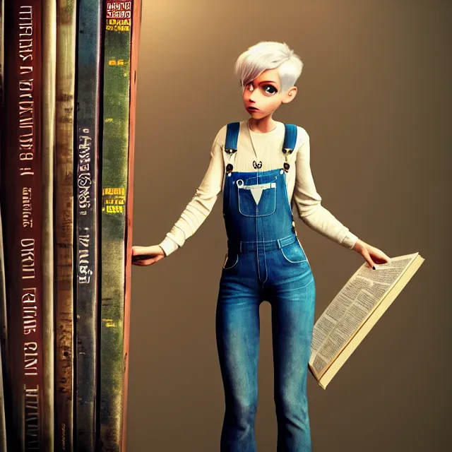 Image similar to full body pose, beautiful adult fairy, pixar, short white hair shaved sides, dirty, grungy, grunge, long sleeve, painted overalls, stacks of giant books, highly detailed, 4 k, hdr, smooth, sharp focus, high resolution, award - winning photo, artgerm, photorealistic