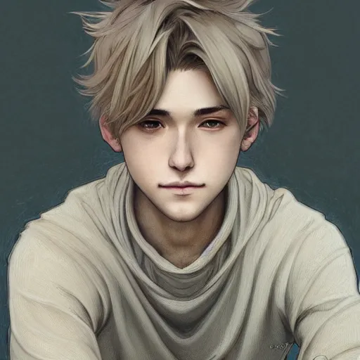 Image similar to young man with short, ash blond greyish hair, light brown eyes, casual clothes, relaxing, happy, path traced, highly detailed, high quality, digital painting, by studio ghibli and alphonse mucha, leesha hannigan, beautiful details, soft and warm