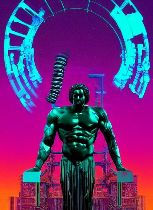 Image similar to statue of hercules, beeple, android jones, dan mumford, vaporwave, retrowave, black background, neon wiring, black, glitch, strong contrast, cuts, pinterest, trending on artstation