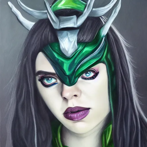 Image similar to Billie Eilish as female loki, oil on canvas, noir, trending on artstation, by Ian Sprigger