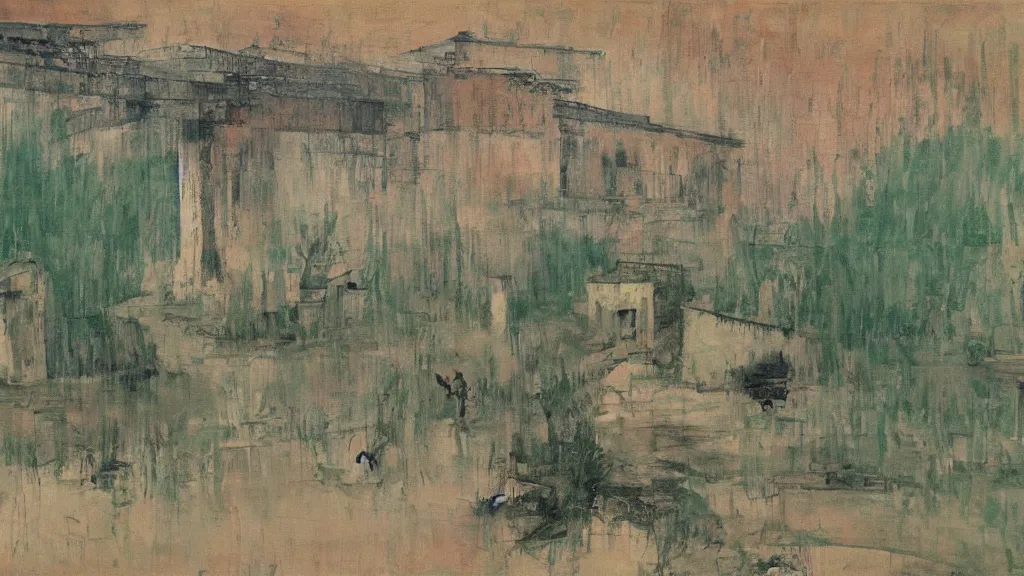 Image similar to a chinese prison near a river by peter doig, muted colors