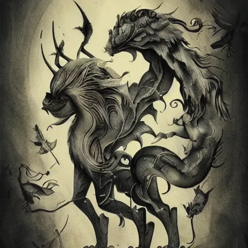 Prompt: strange mythical beasts of whimsy, surreal dark ink wash colllage by Ronny Khalil
